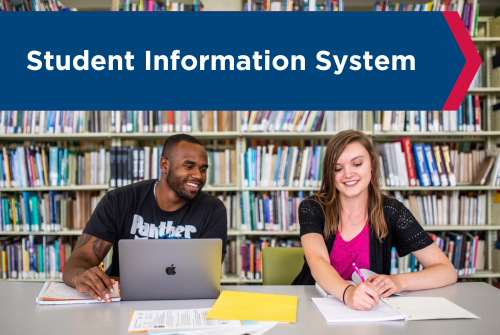 Student Information System banner on top of photo of two students studying in library.