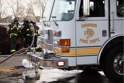 Denver Fire Department truck and firefighters.