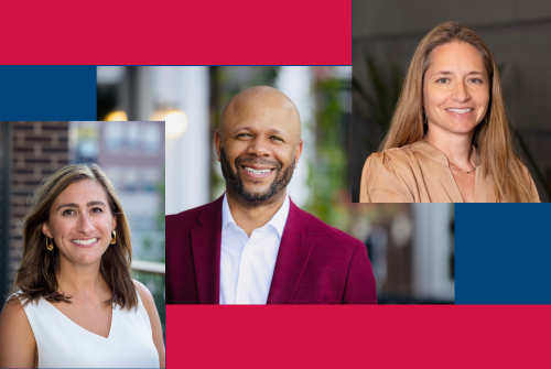 Ryan Frazier, Laura Pinnie and Rachel Kaygi's headshots all in a collage over Roadrunner red and blue.