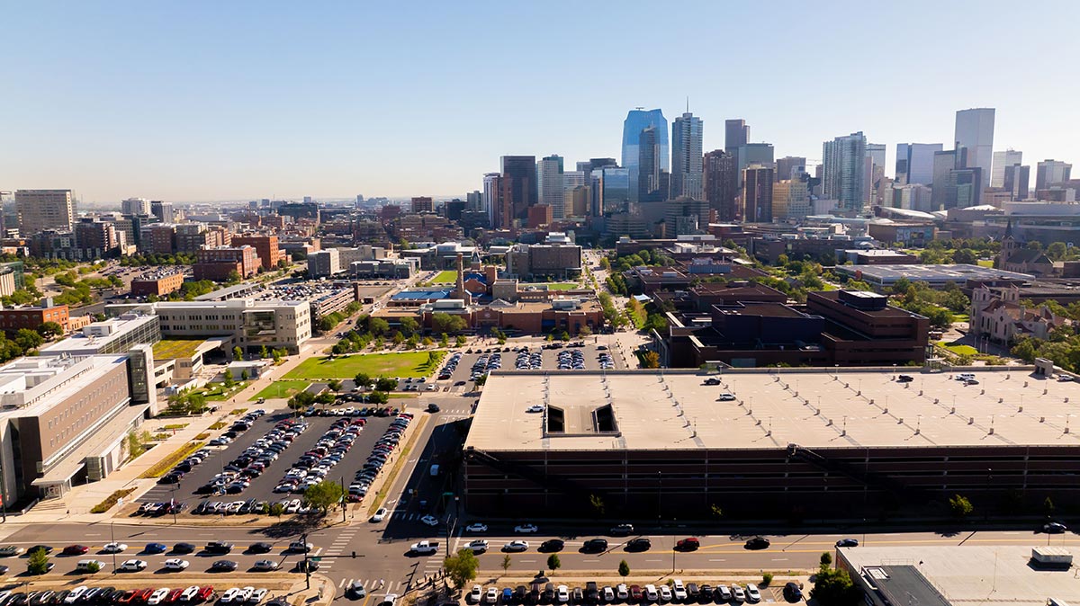 Aerial view of full parking lots on the Auraria Campus in Denver.