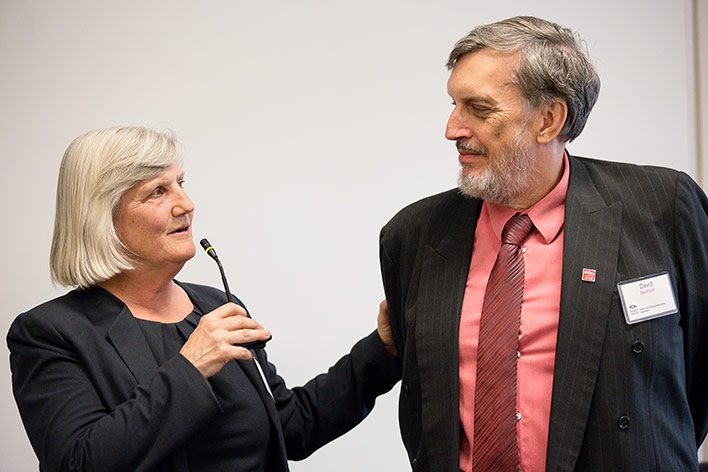 Dean Ann Murphy introduces David Bechtold as the new chair for the the Kemper Family Endowed Chair for the Center for Entrepreneurship in 2022.