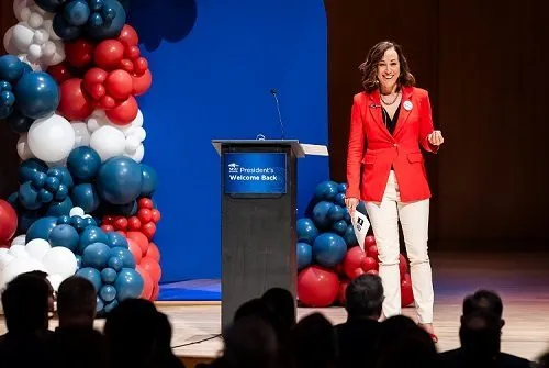 President Davidson on stage at the welcome back event