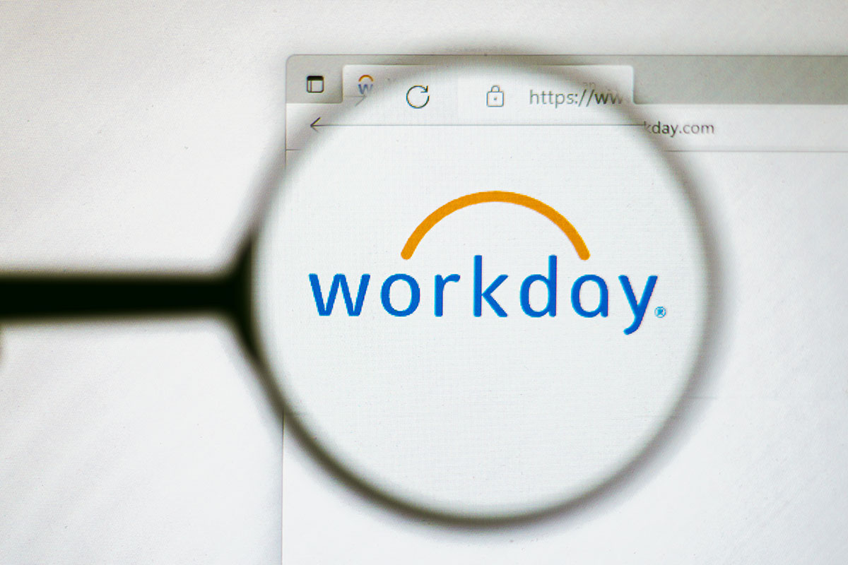 Magnifying glass focused on "Workday" logo.