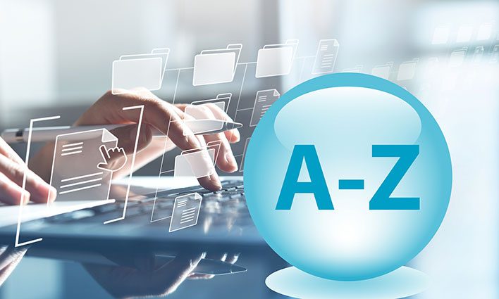 Graphic illustration of hands at a keyboard with the letters 'A to Z'