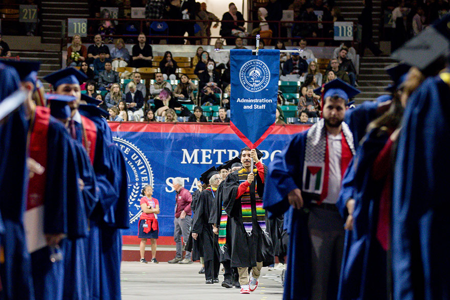 A procession of MSU Denver administrators participating in the University's spring commencement ceremony.