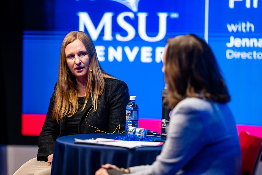 Jenna M. Seidel, director of NSA/Central Security Service Colorado, talks with MSU Denver President Janine Davidson during the university's Fall Fireside Chat event.