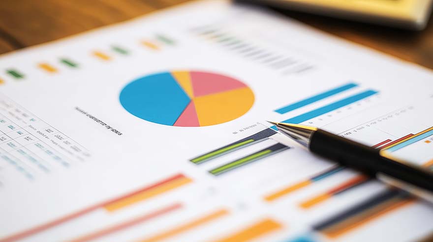 A close-up of a financial report with colorful bar graphs, pie charts, and data tables.