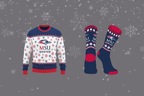 MSU Denver sweater and socks on a snowy backdrop