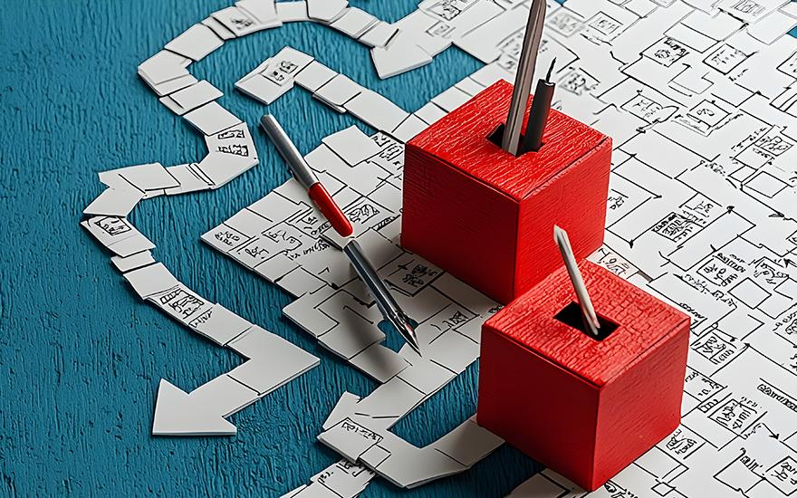 Illustration of a maze with ballot boxes on top.