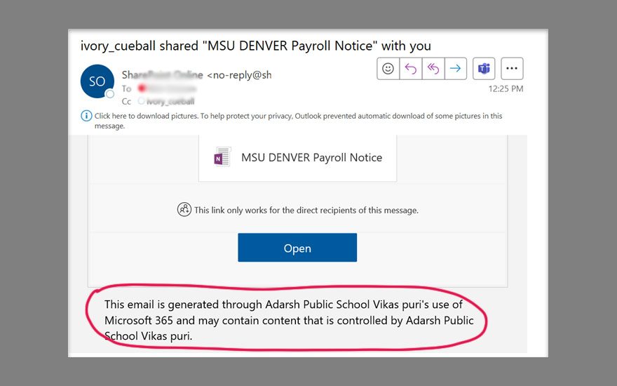 Screen shot of a phishing email.