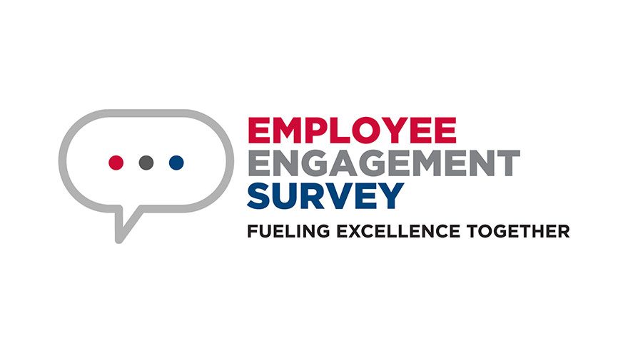 Graphic with the words Employee Engagement Survey - Fueling Excellence together. Next to words is a thought bubble with red grey and blue dots.