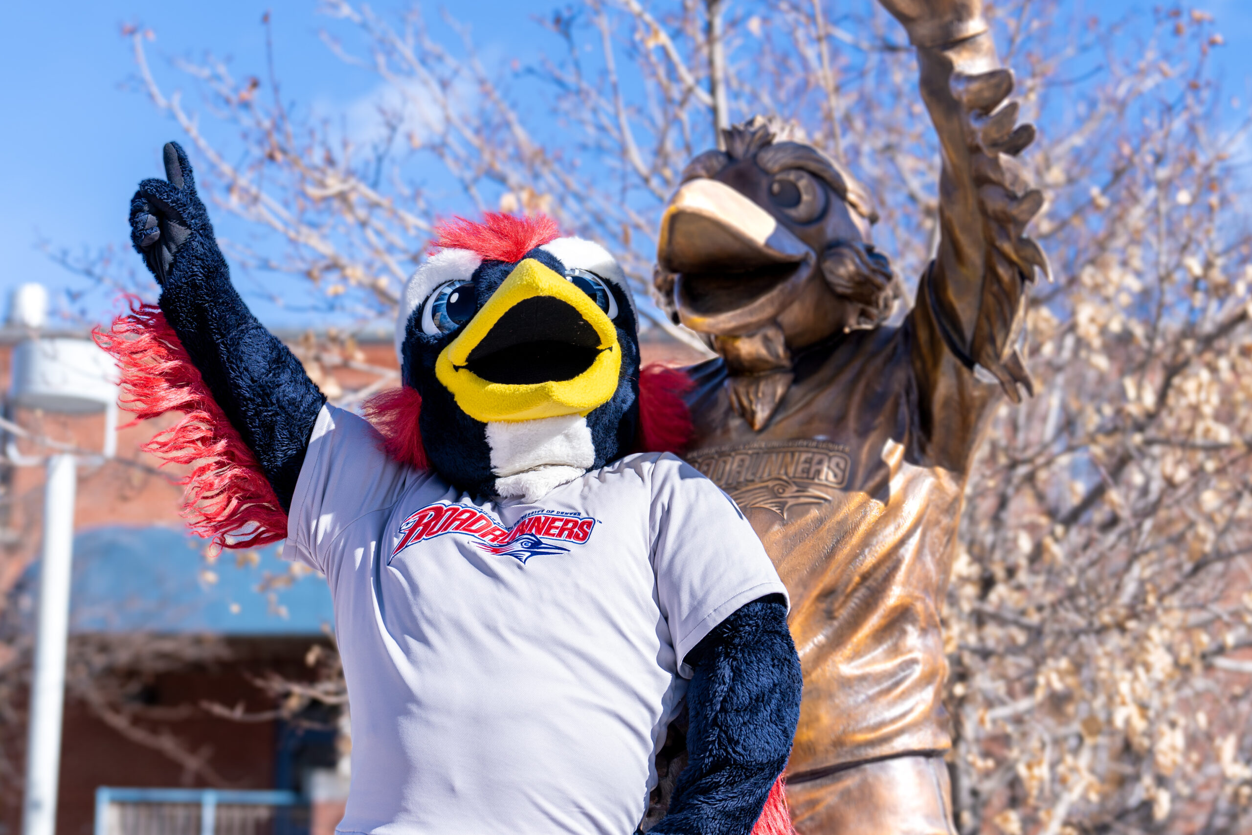 MSU Denver mascot Rowdy poses with a bronze statue of itself, both raising their arms in celebration