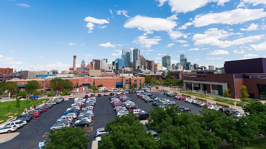 Aerial photo of Auraria campus and parking lot