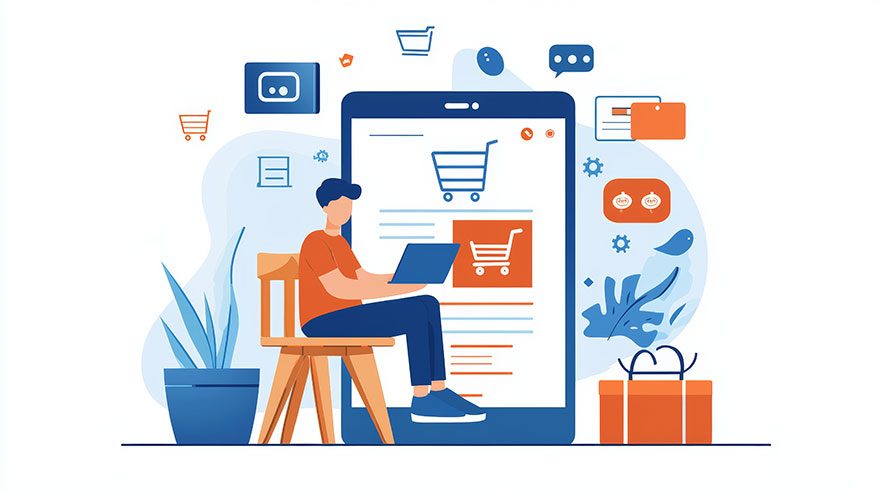 Illustration of a shopper with a screen and shopping cart icons in the background