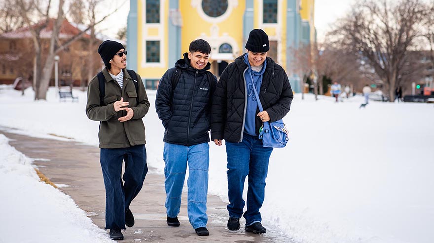 MSU Denver students, from left to right, Tanakit Noonnak, David Lopez and Ian Real-Rios return to campus for the first day of the spring semester classes on January 21, 2025