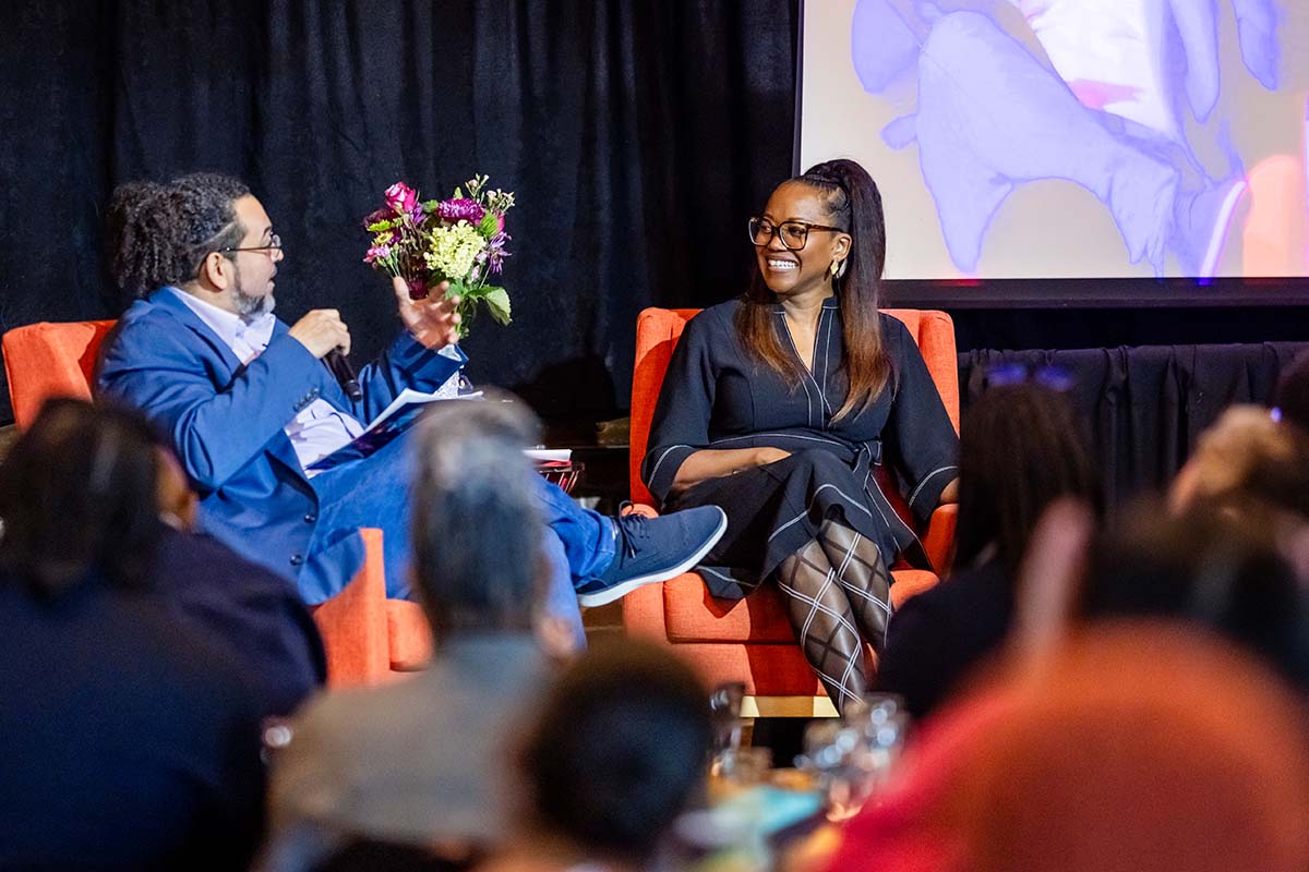 Keynote speaker Erika Alexander chats with Michael Benitez, Ph.D., MSU Denver vice president for Diversity and Inclusion.