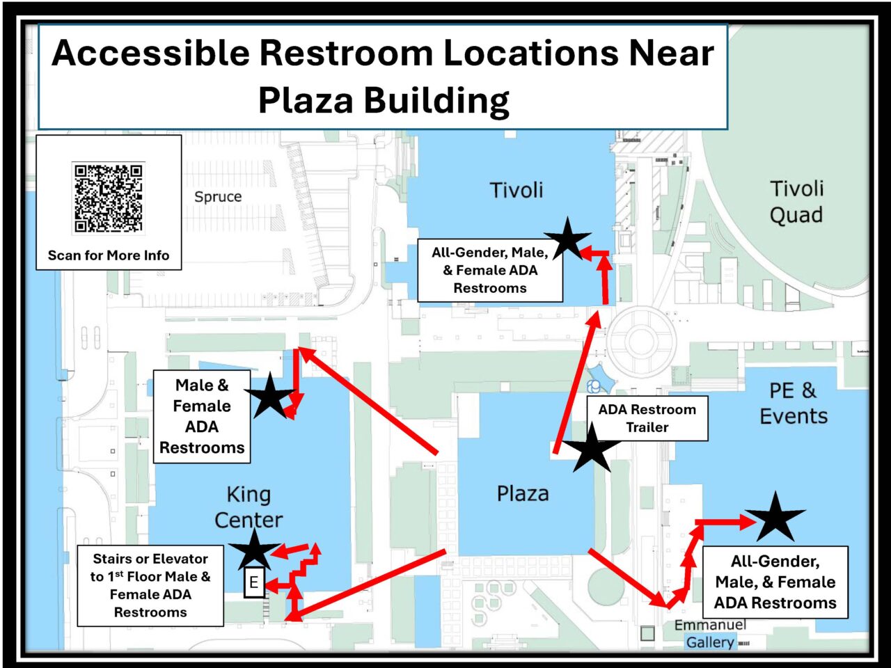 Plaza Building map with the text "Accessible Restroom Locations Near Plaza Building" and stars indicating locations of accessible restrooms.