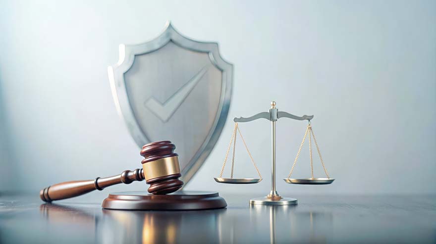 Scales, shield and gavel for legal protection