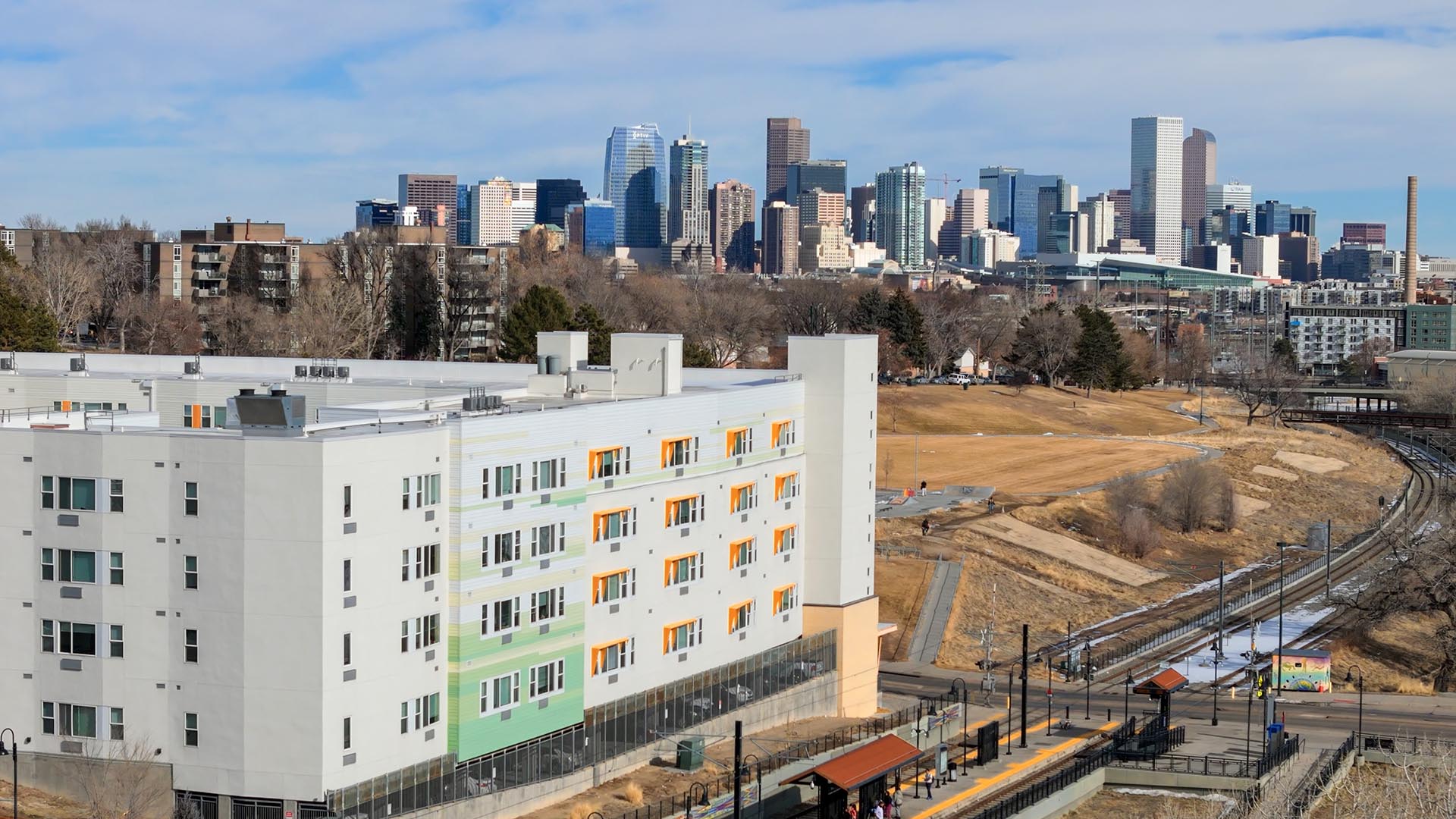 Aerial photography of Arroyo Village, an affordable housing community in west Denver.