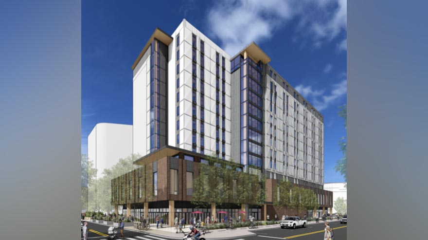 Architectural rendering of a 12-story student-housing building in a lively urban environment.