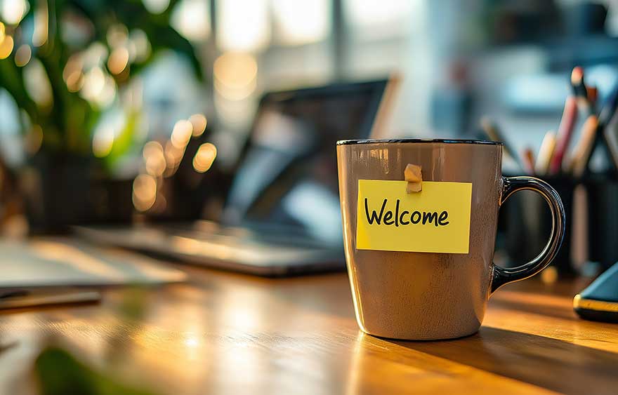 Coffee mug on wooden desk with computer and a sticky note that says 'welcome.'