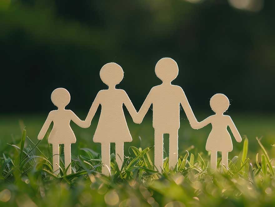 Photo illustration of a family depicted by cardboard cutouts, standing in the grass.