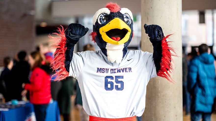 Rowdy mascot raising both hands in celebration