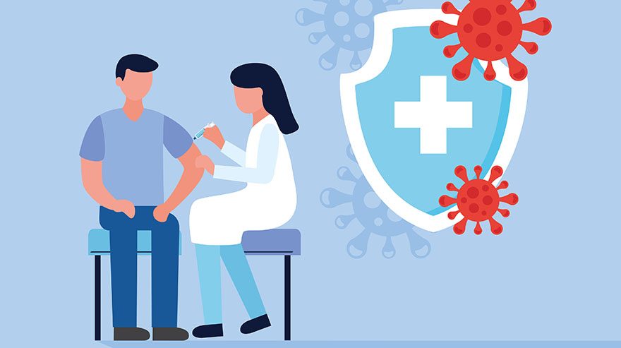 Illustration of a healthcare professional giving a vaccine to a seated person, with a shield and virus particles in the background.