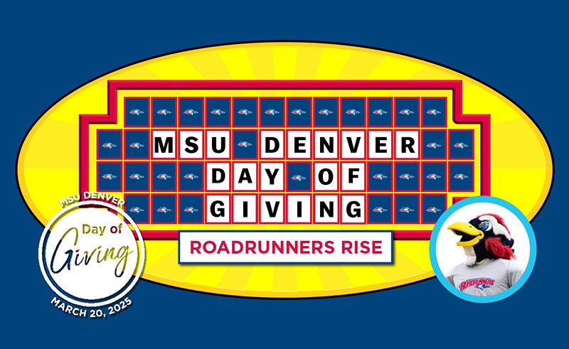 Graphic of a game board spelling MSU Denver Day of Giving Roadrunners Rise