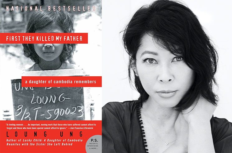 Graphic of author Loung Ung alongside her book cover for "First They Killed My Father"