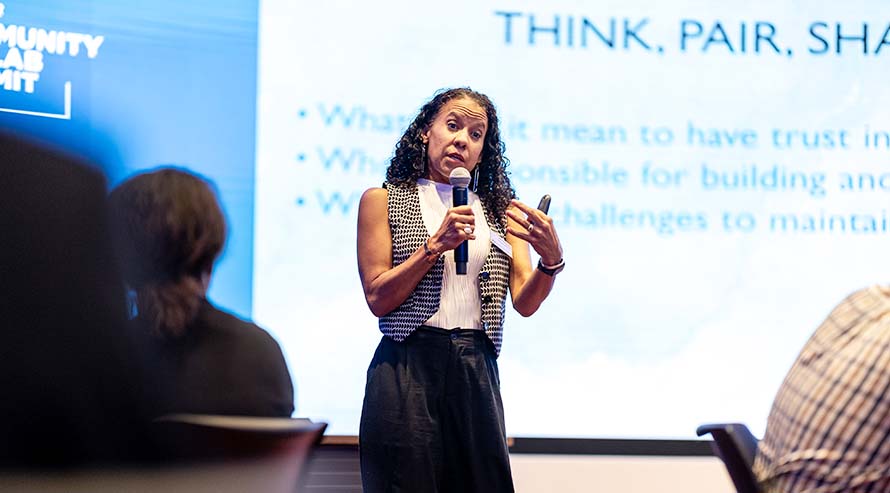 Katia Campbell, Ph.D., hosts the community circle “Trust in Organizations” at the Community Collab Summit