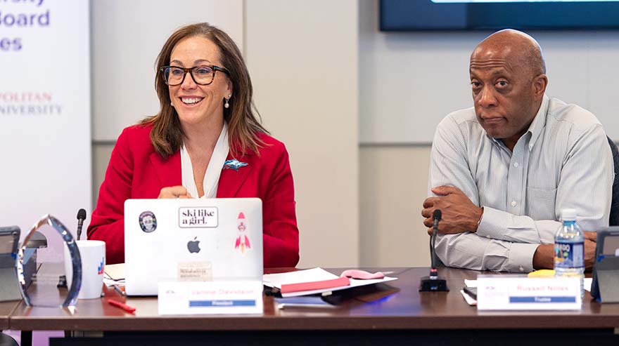 MSU Denver President Janine Davidson and Russell Noles at the board of trustees meeting.
