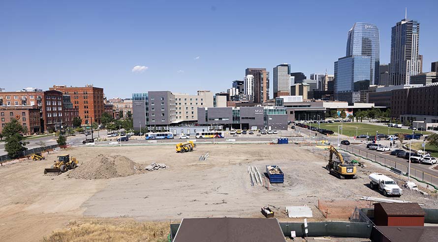 Open lot on the Auraria Campus, designated as the future construction site for MSU Denver student housing