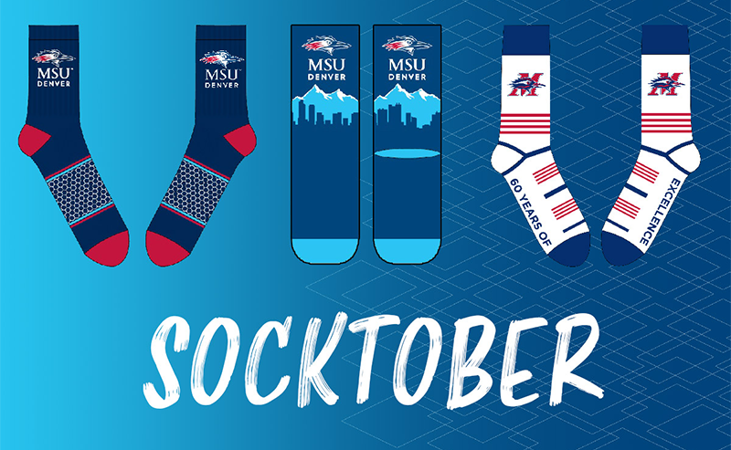 Graphic for MSU Denver’s Socktober event showing three pairs of Roadrunner-themed socks on a blue background with the word ‘Socktober.’