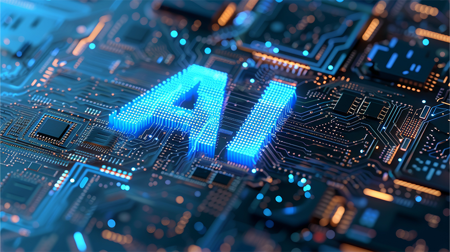 Digital rendering of a circuit board with glowing letters ‘AI'