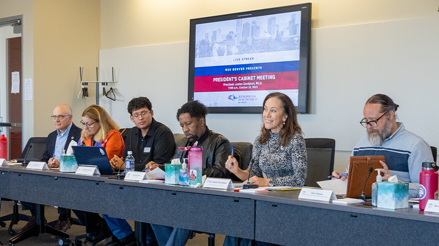 MSU Denver President Janine Davidson speaks alongside cabinet members during the October Cabinet meeting in the Jordan Student Success Building