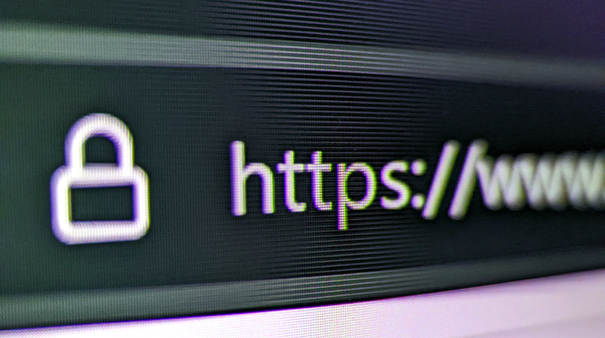 Close-up of a computer screen showing a web browser address bar with a padlock icon and the text ‘https://www.’ symbolizing online security