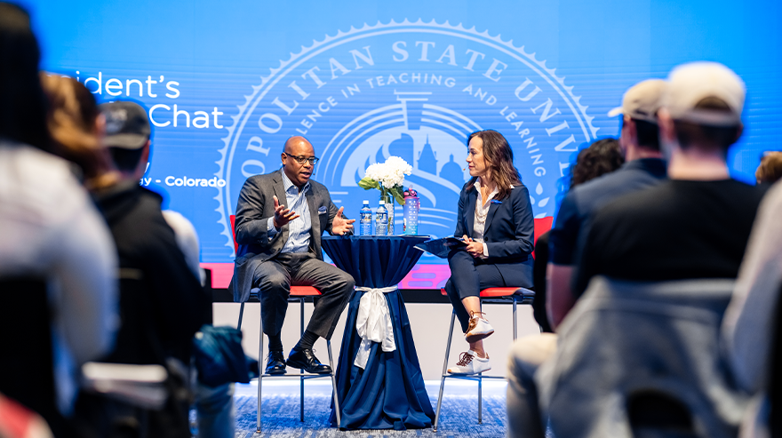 MSU Denver President Janine Davidson speaks with Vice President Robert Kenny during a Fireside Chat in front of an audience at the Jordan Student Success Building