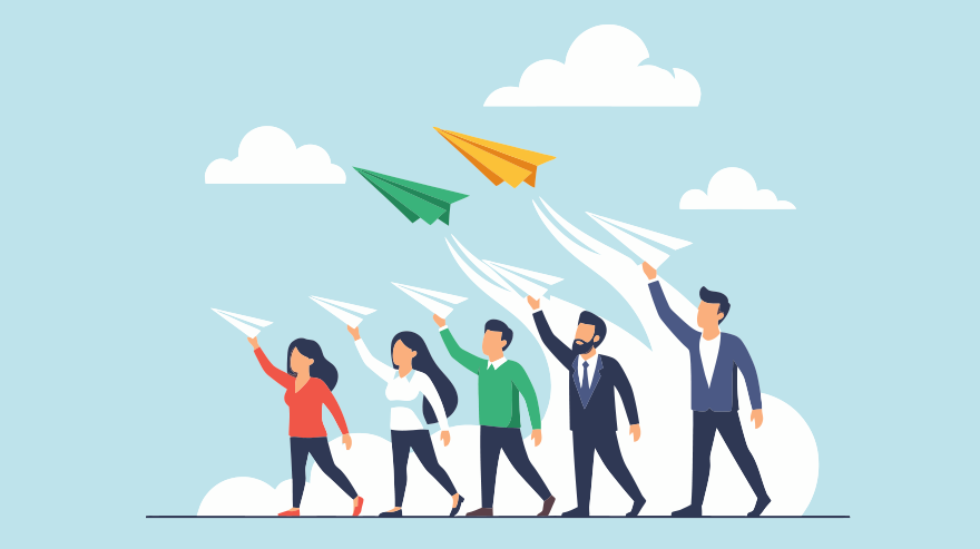 Illustration of a diverse group of people launching paper airplanes into the sky, symbolizing growth and new beginnings.