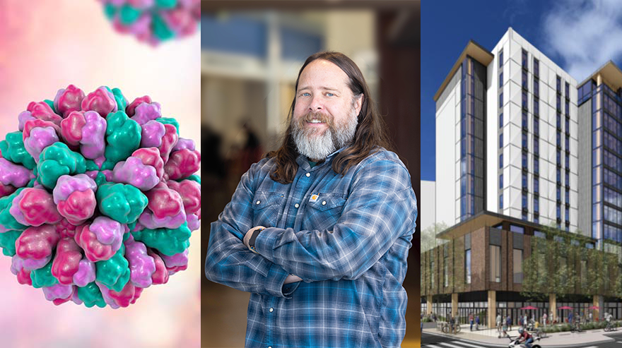 Three-image collage showing a colorful abstract graphic, a faculty member portrait, and a rendering of a new MSU Denver campus building.