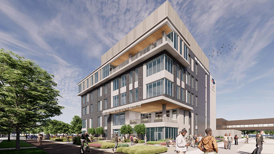 Rendering of the upcoming MSU Denver Gina and Frank Day Health Institute, depicting modern architecture and student activity in and around the building.