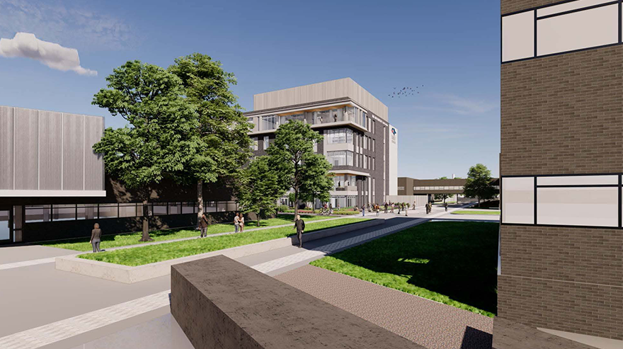 Rendering of the upcoming MSU Denver Gina and Frank Day Health Institute, depicting modern architecture and student activity in and around the building.