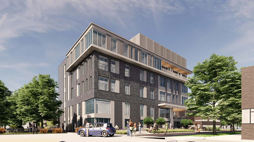 Rendering of the upcoming MSU Denver Gina and Frank Day Health Institute, depicting modern architecture and student activity in and around the building.