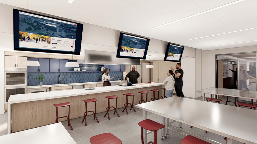 Rendering of the upcoming MSU Denver Gina and Frank Day Health Institute, depicting modern architecture and student activity in and around the building.