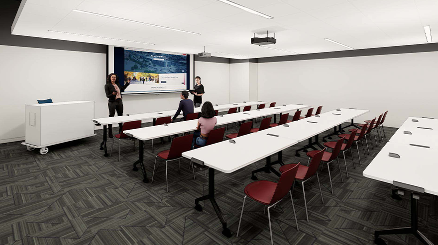 Rendering of the upcoming MSU Denver Gina and Frank Day Health Institute, depicting modern architecture and student activity in and around the building.