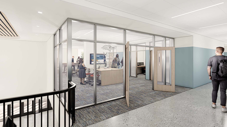 Rendering of the upcoming MSU Denver Gina and Frank Day Health Institute, depicting modern architecture and student activity in and around the building.