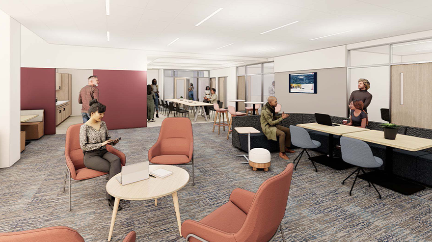 Rendering of the upcoming MSU Denver Gina and Frank Day Health Institute, depicting modern architecture and student activity in and around the building.