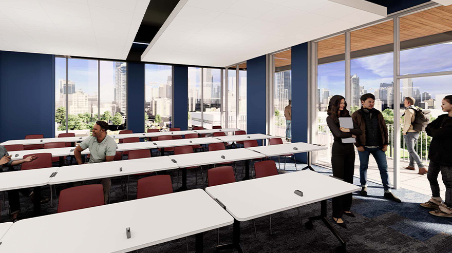 Rendering of the upcoming MSU Denver Gina and Frank Day Health Institute, depicting modern architecture and student activity in and around the building.