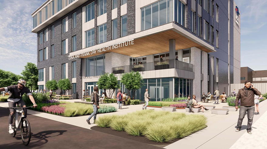 Rendering of the upcoming MSU Denver Gina and Frank Day Health Institute, depicting modern architecture and student activity in and around the building.