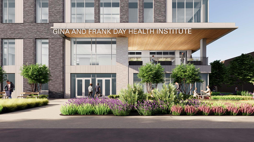 Rendering of the upcoming MSU Denver Gina and Frank Day Health Institute, depicting modern architecture and student activity in and around the building.